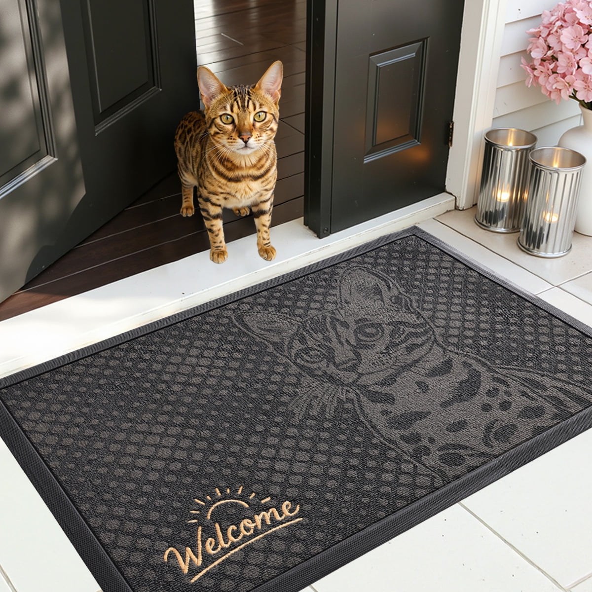 PABUBE Outdoor Doormat, Bengal Cat Welcome Mat, Heavy Duty Durable Doormat Outdoor Entrance, Non-Slip Dirt & Mud Trapper Outdoor Mat for Front Doors