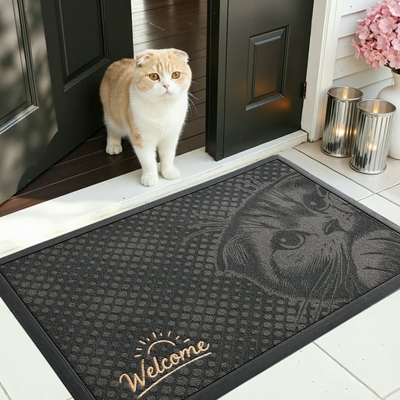 PABUBE Outdoor Doormat, Scottish Fold Welcome Mat, Heavy Duty Durable Doormat Outdoor Entrance, Non-Slip Dirt & Mud Trapper Outdoor Mat for Front Doors