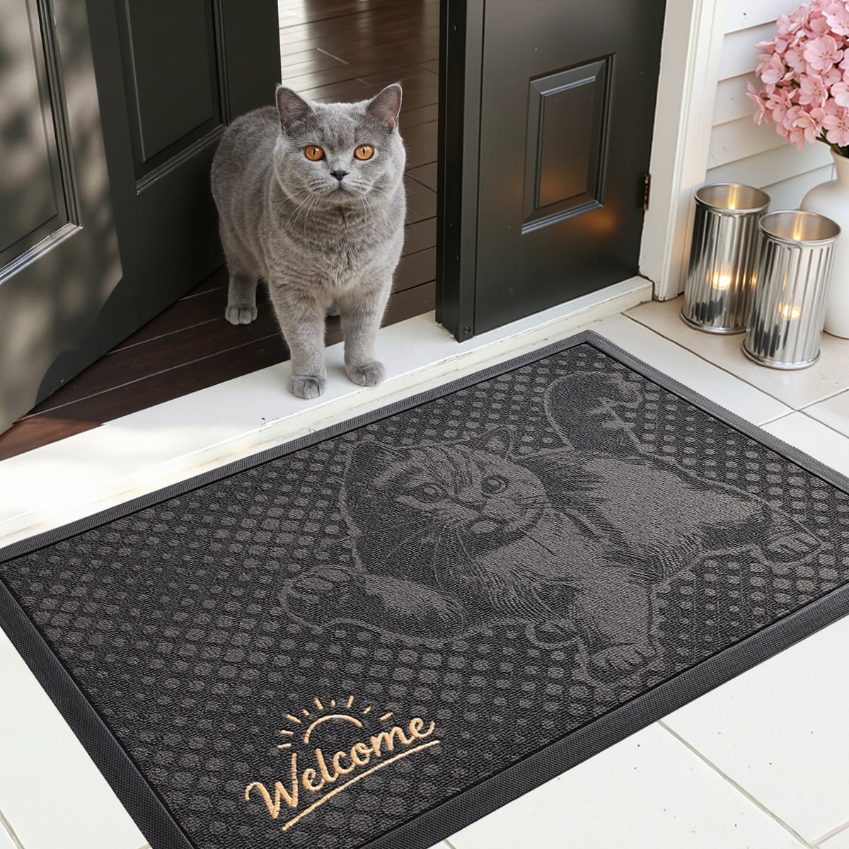 PABUBE Outdoor Doormat, British Shorthair Welcome Mat, Heavy Duty Durable Doormat Outdoor Entrance, Non-Slip Dirt & Mud Trapper Outdoor Mat for Front Doors