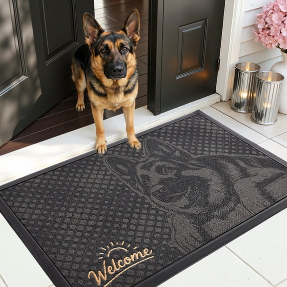 PABUBE Outdoor Doormat, German Shepherd Welcome Mat, Heavy Duty Durable Doormat Outdoor Entrance, Non-Slip Dirt & Mud Trapper Outdoor Mat for Front Doors