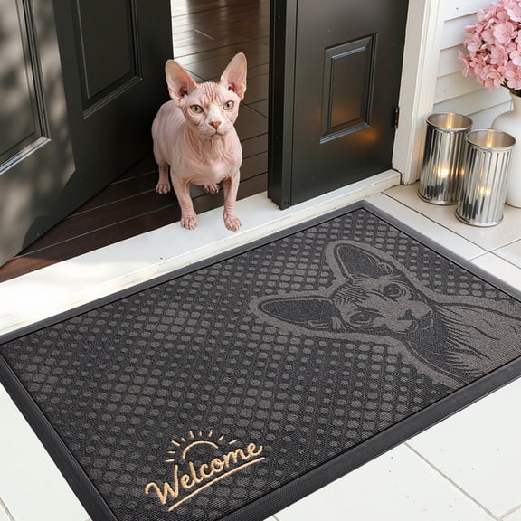 PABUBE Outdoor Doormat, Sphynx Cat Welcome Mat, Heavy Duty Durable Doormat Outdoor Entrance, Non-Slip Dirt & Mud Trapper Outdoor Mat for Front Doors
