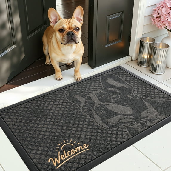 PABUBE Outdoor Doormat, French Bulldog Welcome Mat, Heavy Duty Durable Doormat Outdoor Entrance, Non-Slip Dirt & Mud Trapper Outdoor Mat for Front Doors