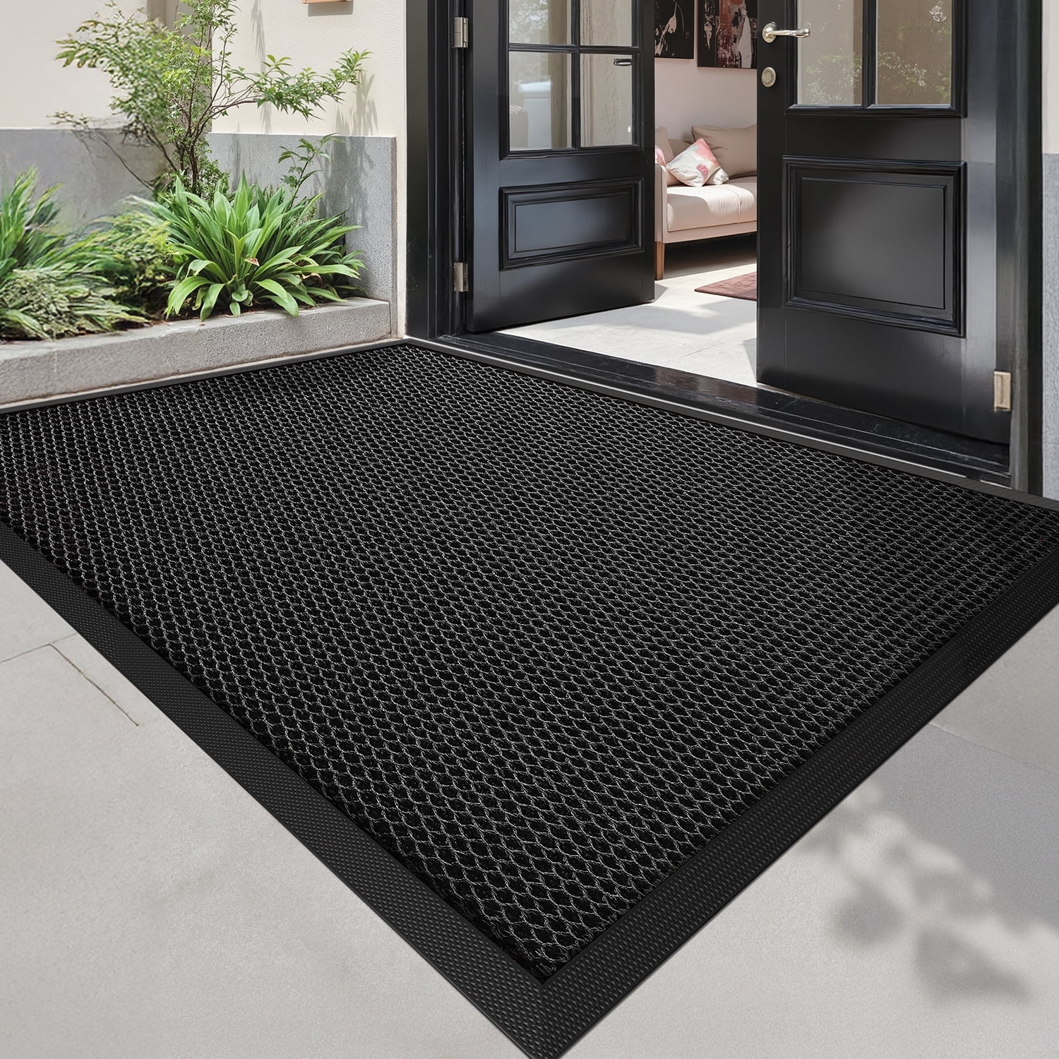 PABUBE High Stretch Elastic Silk Outdoor Doormat, Quick-Dry & Heavy-Duty Welcome Mat, Non-Slip Front Door Mat for Outside Entry, Low Pile Patio Doormat for Entry Rug, Black, 36"x59"