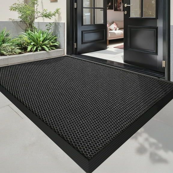 PABUBE High Stretch Elastic Silk Outdoor Doormat, Quick-Dry & Heavy-Duty Welcome Mat, Non-Slip Front Door Mat for Outside Entry, Low Pile Patio Doormat for Entry Rug, Black Grey, 36"x59"