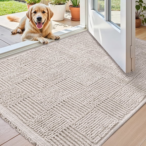 PABUBE Indoor Doormat 20" x 32", Non Slip Doormat for Inside , Low-Profile Indoor Rug for Front Doors, Machine Washable Welcome Mat for Indoor, Khaki