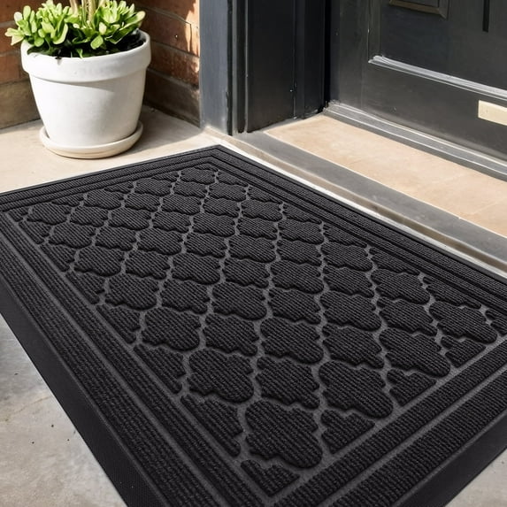 PABUBE Outdoor Doormat, Weatherproof Low Profile Outdoor Mat,Heavy Duty Non-Slip Welcome Mat, Dirt Trapper Washable Entry Rug for Front Doors Entryway,47"X71",Black