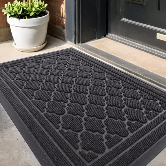 PABUBE Outdoor Doormat, Weatherproof Low Profile Outdoor Mat,Heavy Duty Non-Slip Welcome Mat, Dirt Trapper Washable Entry Rug for Front Doors Entryway,24"X36",Grey