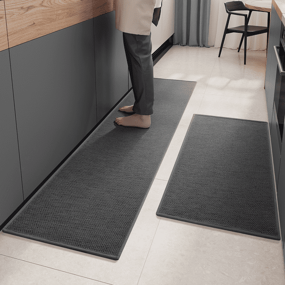 PABUBE Woven Grey Kitchen Rug, 17"x47"+17"x95", Non-Slip and Absorbent Floor Mat for Sink or Hallway, Machine Washable Soft Rug, Durable Indoor Use