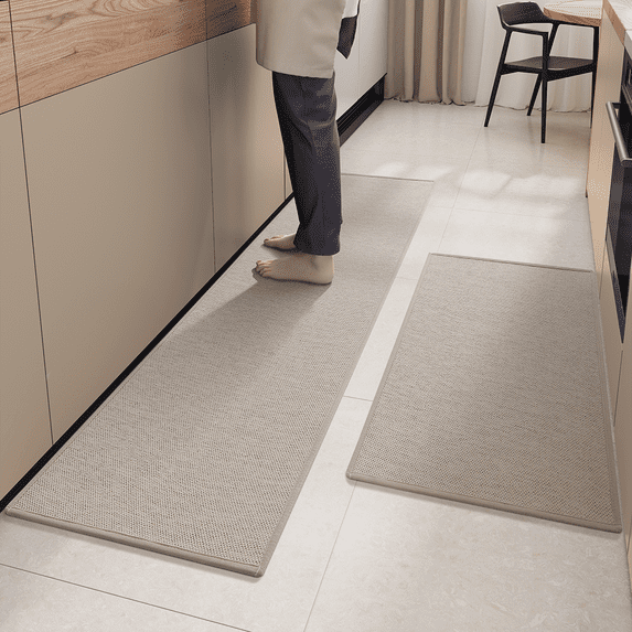 PABUBE Woven Khaki Kitchen Rug, 17"x47"+17"x95", Non-Slip and Absorbent Floor Mat for Sink or Hallway, Machine Washable Soft Rug, Durable Indoor Use