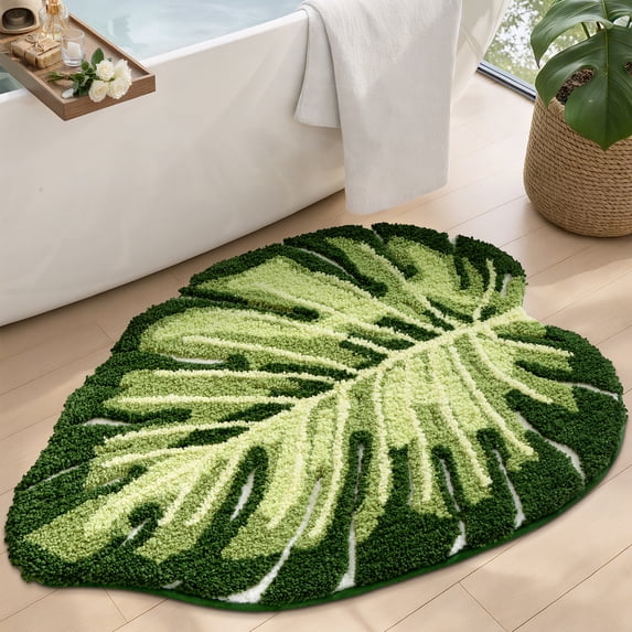 PABUBE Monstera Leaf Bathroom Rug, 32"x48", Cute Green Plush Bath Mat, Fluffy Soft & Absorbent, Non-Slip and Machine Washable Bath Rug for Bathroom Floor