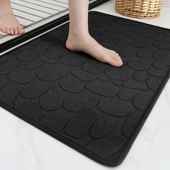 PABUBE Non Slip Bathroom Rugs, Ultra Thin Bath Mats for Bathroom Floor Fit Under Door, Super Absorbent Bath Rug with Rubber Backing, Non Shedding, Washable Bathroom Mat Shower Mat 16"x24", Black