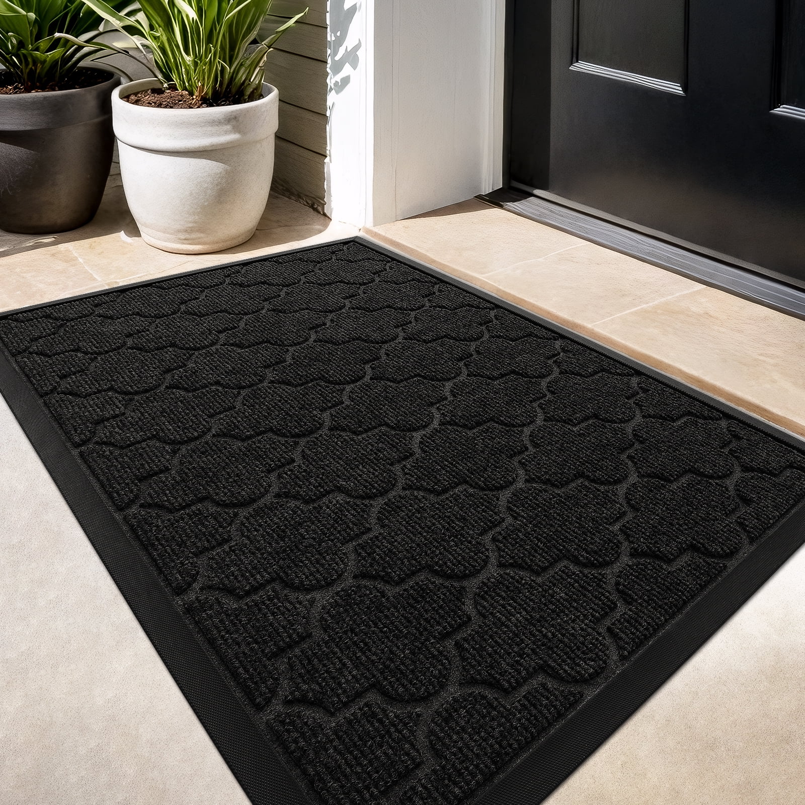 PABUBE Outdoor Door Mat Non Slip Backing Doormat,Low Profile Doormat Entry Rug, Outside Floor Mat for Entryway, Black, 24" x 36"