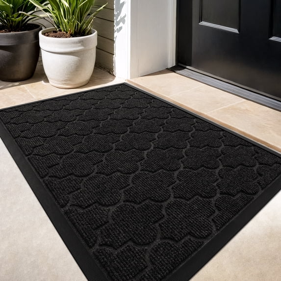 PABUBE Outdoor Door Mat Non Slip Backing Doormat,Low Profile Doormat Entry Rug, Outside Floor Mat for Entryway, Black, 24" x 36"