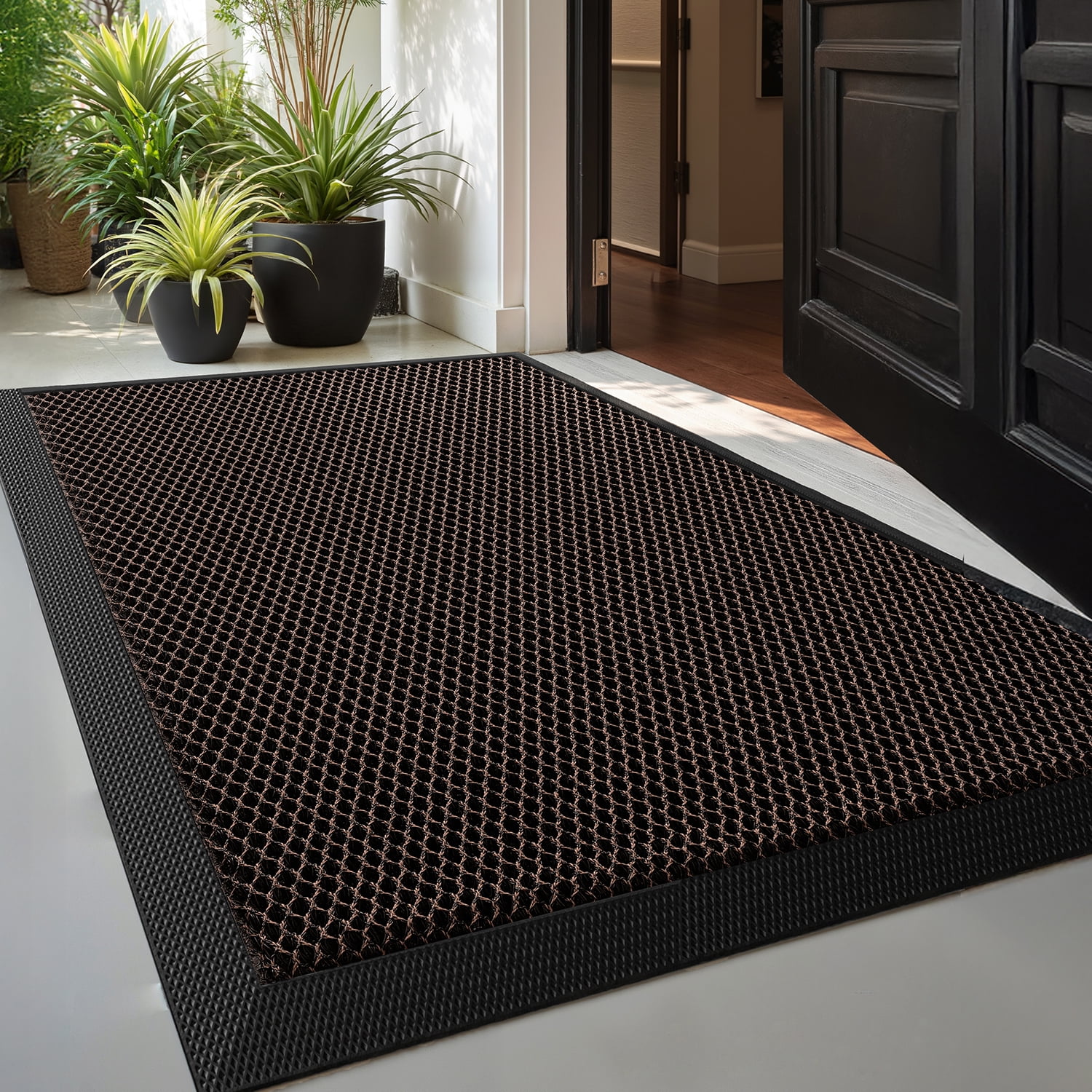 PABUBE High Stretch Elastic Silk Outdoor Doormat, Quick-Dry & Heavy-Duty Welcome Mat, Non-Slip Front Door Mat for Outside Entry, Low Pile Patio Doormat for Entry Rug, Brown, 24"x36"