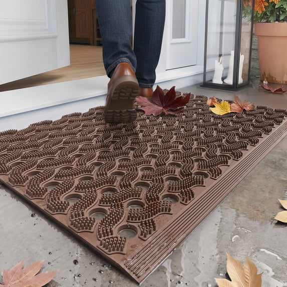 PABUBE Outdoor Doormat ,Durable Interlocking Welcome Mat, Dirt Trapper Rubber Mat and Non-Slip Low Pile Doormat for Entry Rug,Brown, 17" x 30"
