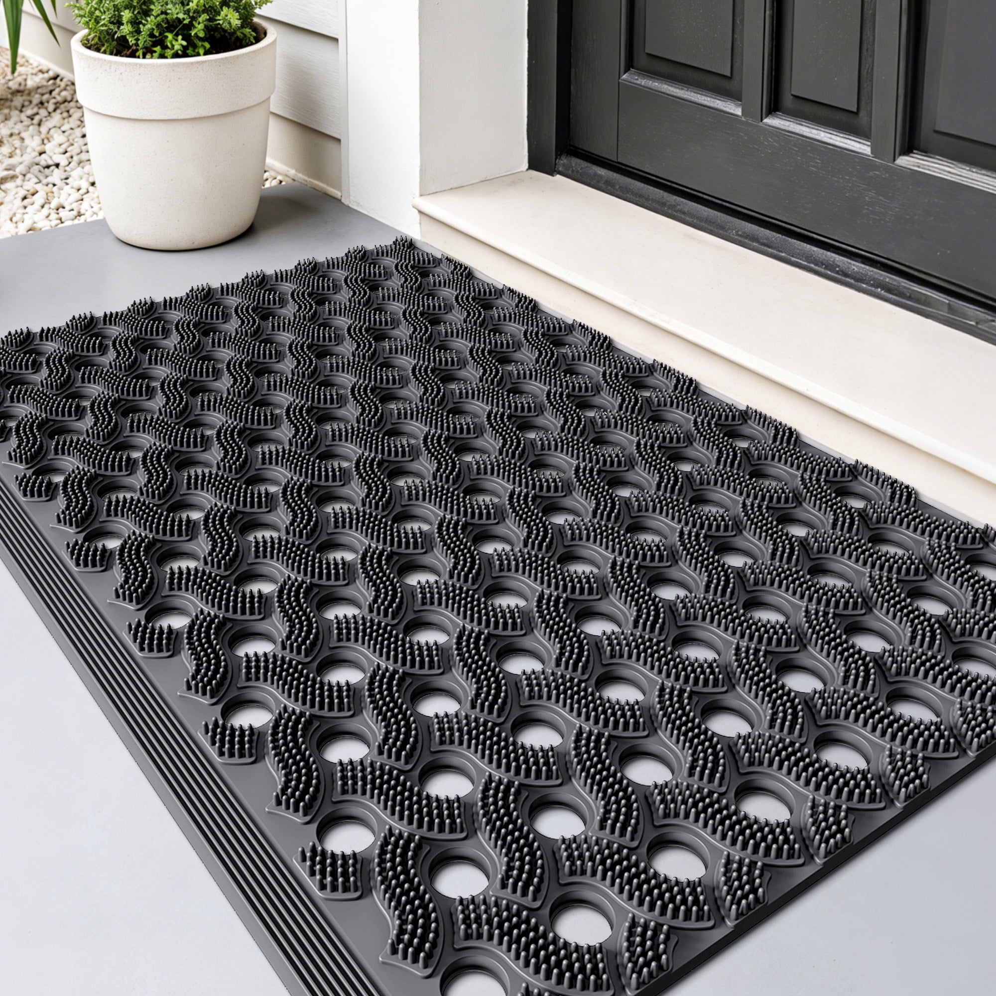 PABUBE Outdoor Doormat ,Durable Interlocking Welcome Mat, Dirt Trapper Rubber Mat and Non-Slip Low Pile Doormat for Entry Rug,Gray, 24" x 35"