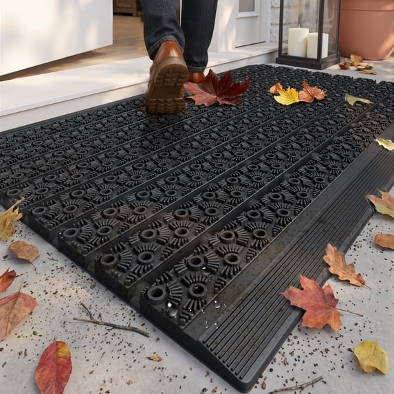 PABUBE Outdoor Doormat, Durable Welcome Mat, Dirt Trapper Rubber Mat and Non-Slip Low Pile Doormat for Entry Rug, Black, 19" x 30"