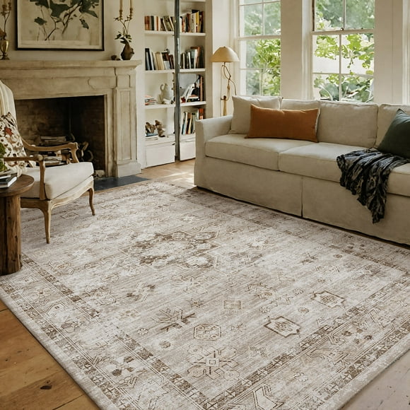 PABUBE Vintage Persian 8'x10' Area Rug for Living Room, Non Slips Machine Washable, Boho Design Area Carpet Large Low Pile Retro Rug Bedroom Rugs