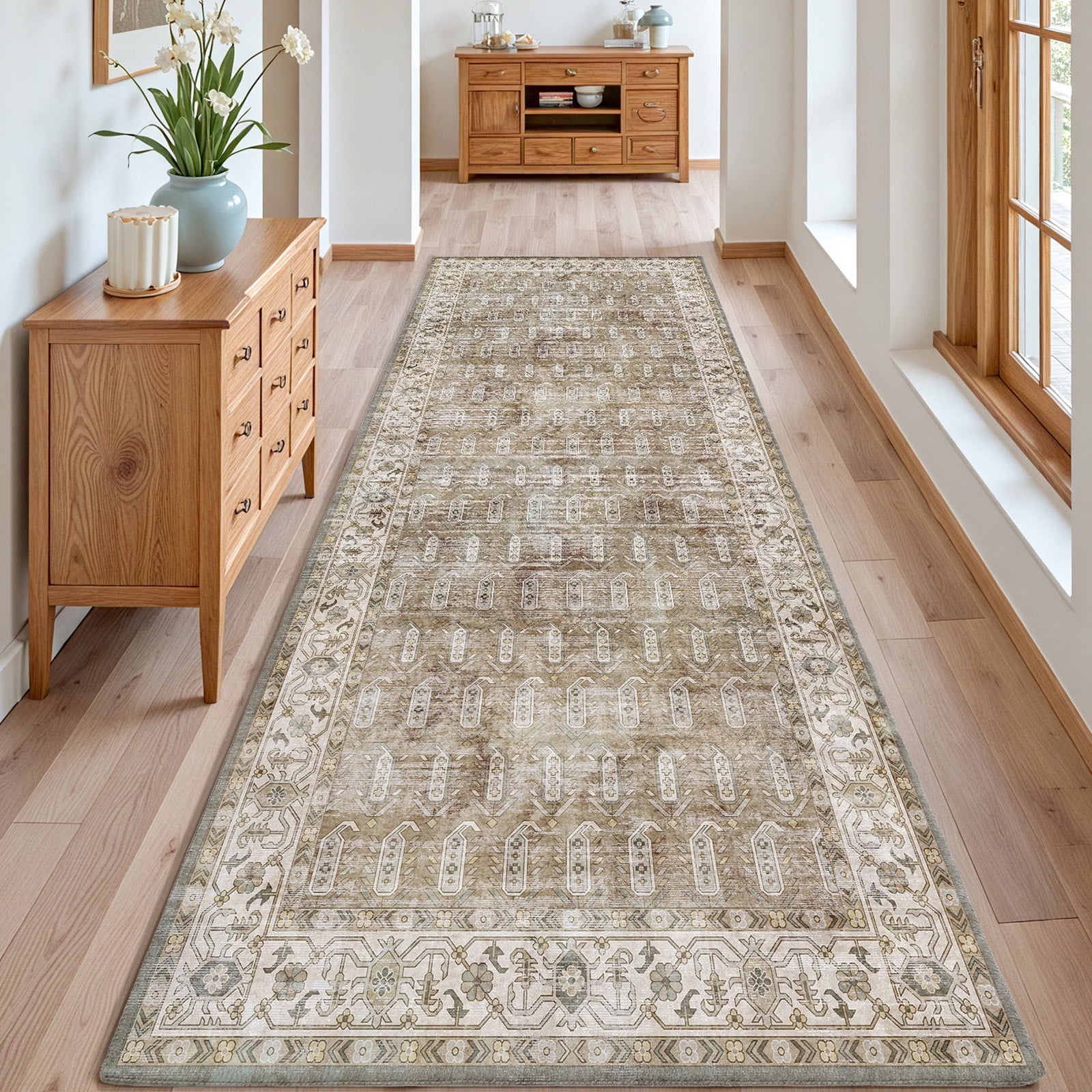 PABUBE Vintage Runner Rug, Non Slip Machine Washable Fade Resistan, 3'x12'
