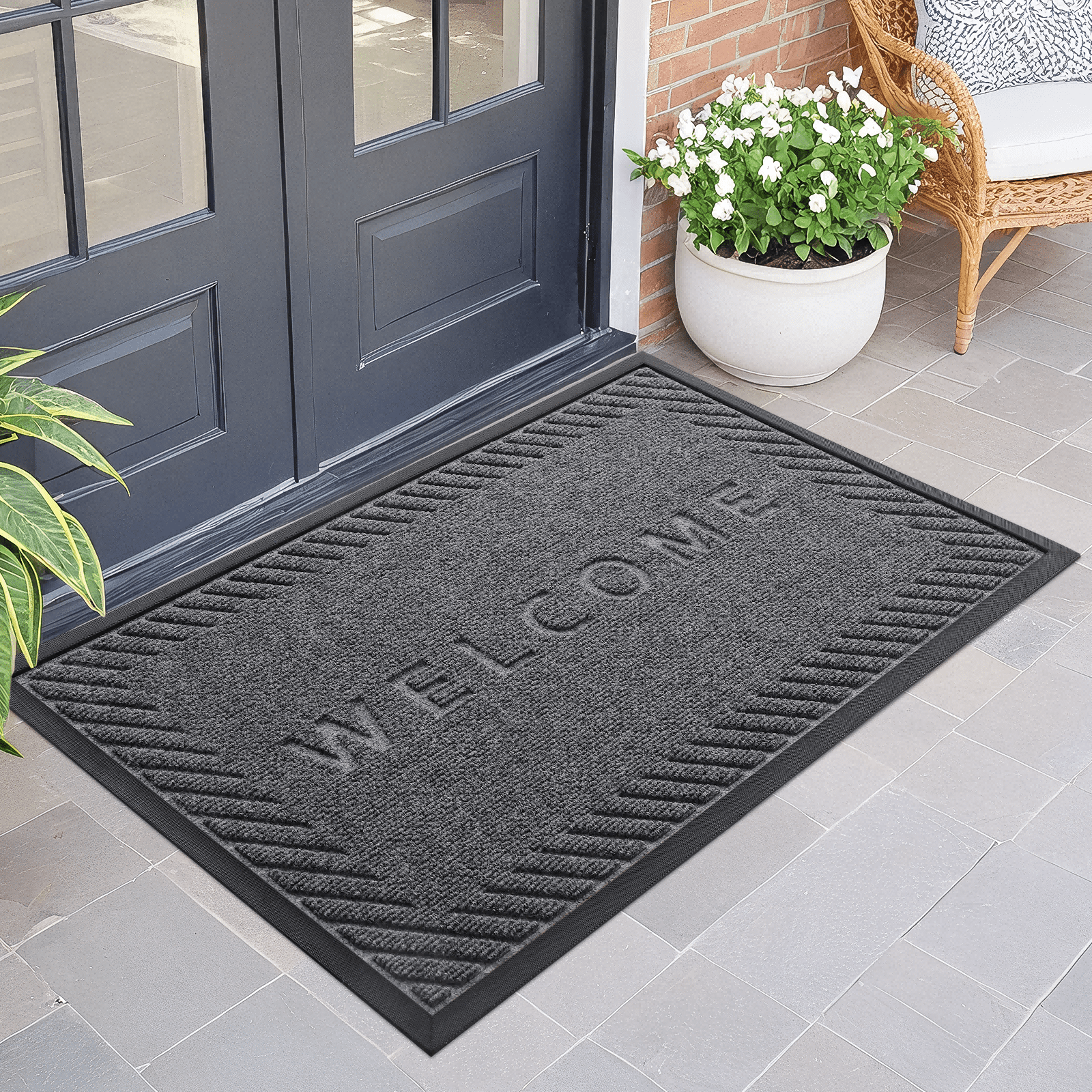 PABUBE Welcome Mat Front Door Mat Non-slip Doormat, Low Profile Outdoor Doormat Entry Rug for Entryway, Patio, Black Gray, 24" x 36"