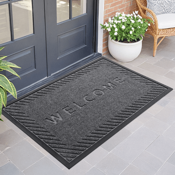 PABUBE Welcome Mat Front Door Mat Non-slip Doormat, Low Profile Outdoor Doormat Entry Rug for Entryway, Patio, Black Gray, 24" x 36"