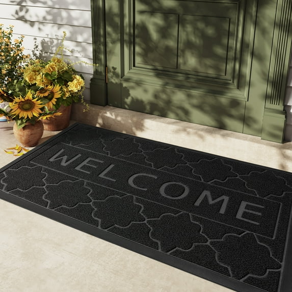 PABUBE Welcome Mat Front Door Mat Non-slip Doormat, Low Profile Outdoor Doormat Entry Rug for Entryway, Patio, Black Gray, 24" x 43"