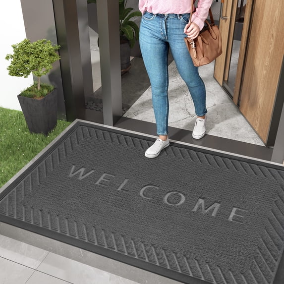 PABUBE Welcome Mat Front Door Mat Non-slip Doormat, Low Profile Outdoor Doormat Entry Rug for Entryway, Patio, Black Gray, 35" x 59"