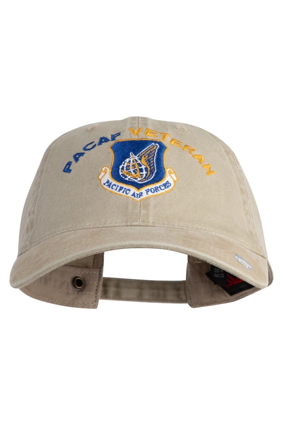 PACAF Pacific Air Forces Veteran Embroidered Washed Solid Pigment Dyed Cotton Twill Brass Buckle Cap - Khaki OSFM
