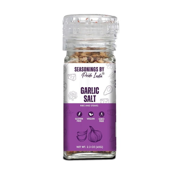 PACK of 6-Garlic Salt 2.3 oz Convenient Grinder Cap Savory Pungent Tangy Taste Himalayan Pink Salt Minced Garlic Mix Ideal for Savory Dishes Grilled Meats Roasted Vegetables by Pride of India
