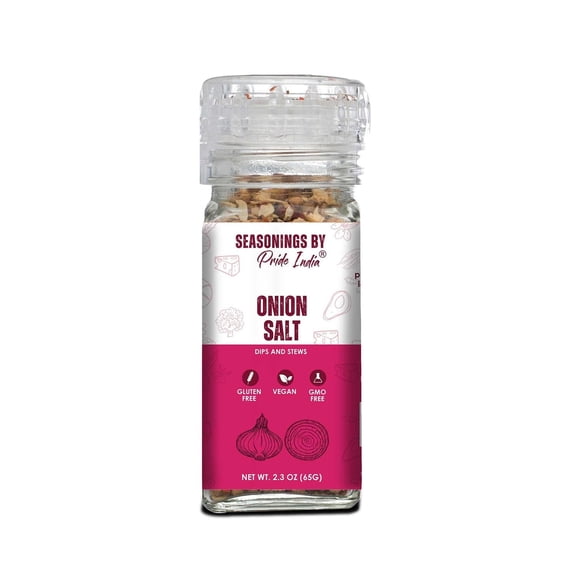 PACK of 6-Onion Salt 2.3 oz Convenient Grinder Cap Healthy Warm Toasty Kitchen Staple Used for Seasoning Marinades Coatings Dressing Ideal for Soups Stews Stir Fries Meatballs by Pride of India