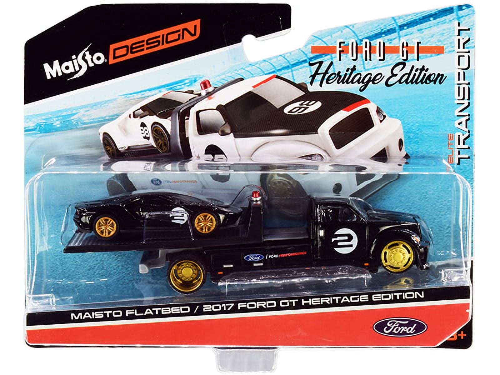 PACK OF 2 - "2017 Ford GT #2 Heritage Edition with Flatbed Truck Black Elite Transport"" Series 1/64 Diecast Model Cars by Maisto"""