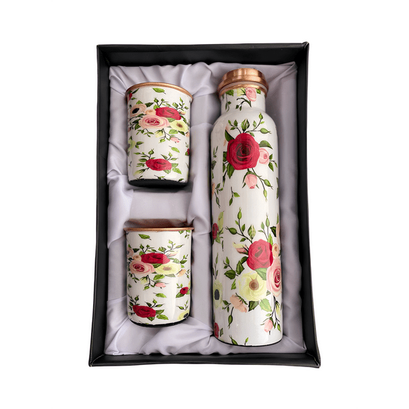 PACK OF THREE WHITE FLOWER Metal Pure Copper Water Bottle No Joint 1 Liter| Water Bottle | Copper Bottle | Gift Set | Office Use| Sports| Daily Use.