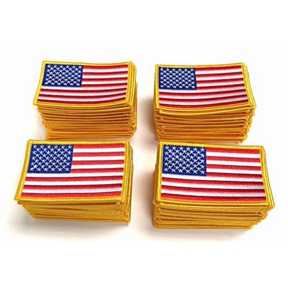 PACK of 100 American Flag Patches, US Embroidered Iron or Sew On Flag Patch Emblem With Gold Border