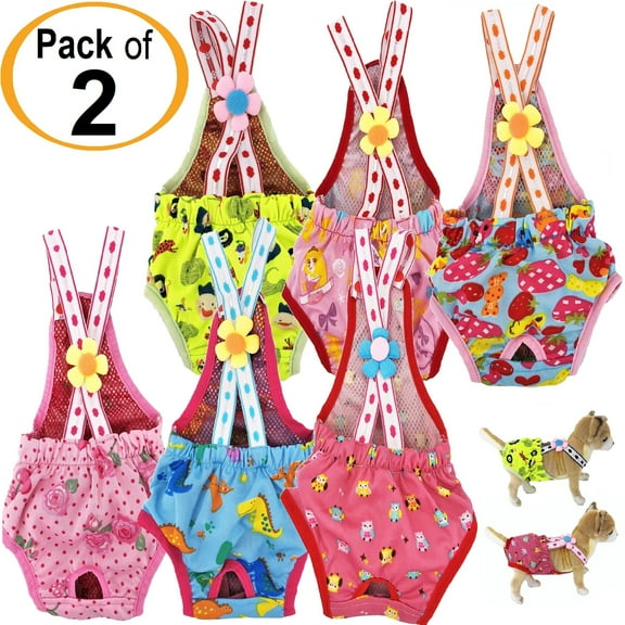 PACK of 2 Dog Diapers WASHABLE Female SUSPENDERS For SMALL Pet Random Colors