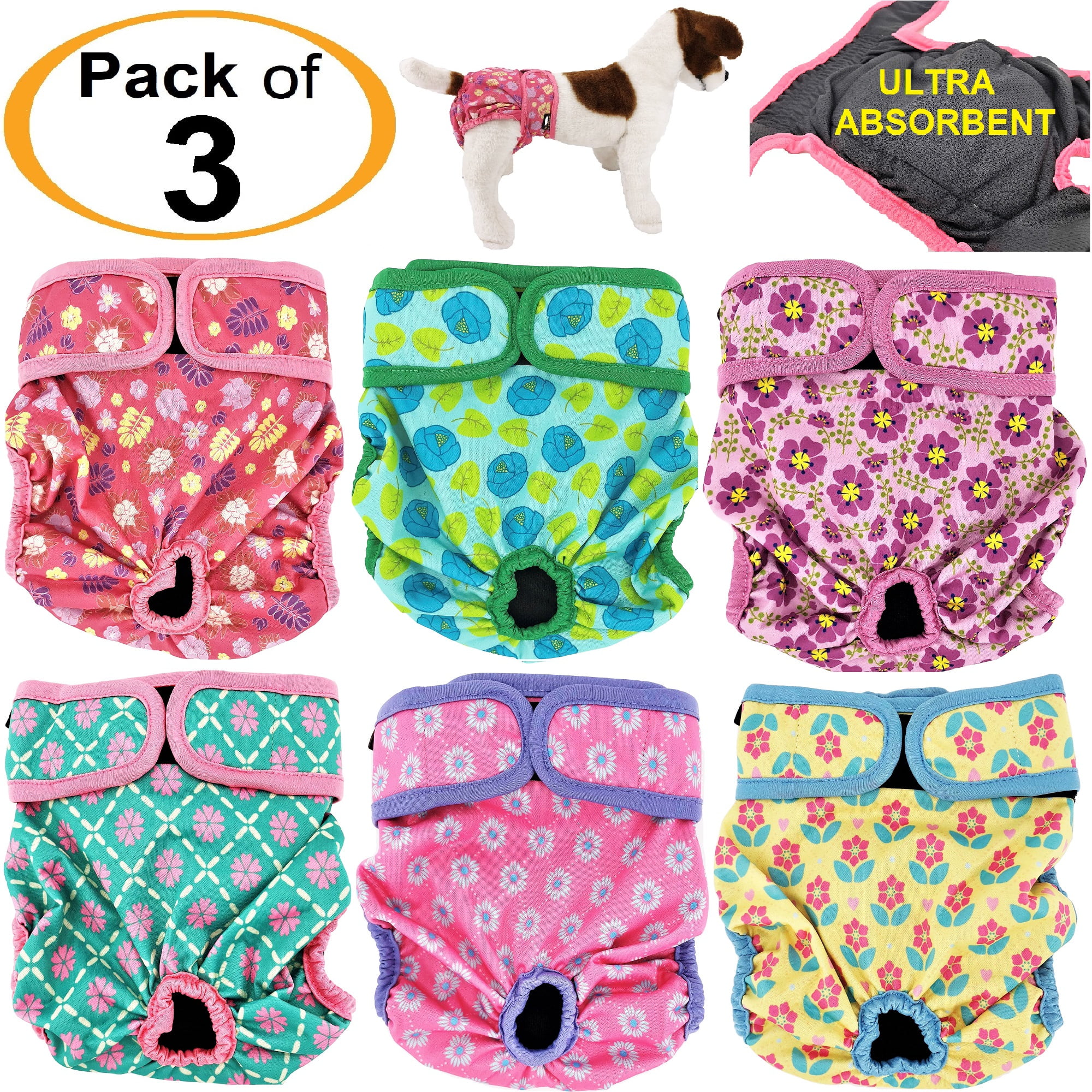PACK of 3 Female Dog Diapers with 4 LAYERS of Absorbent Pads WATERPROOF Leak Proof Washable