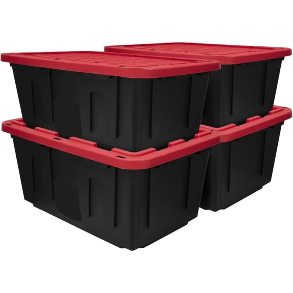 (PACK of 4) 27-Gallon Heavy Duty Plastic Storage Container Bin with Secure Snap Lid, Black and Red, Large Capacity Tote for Organization