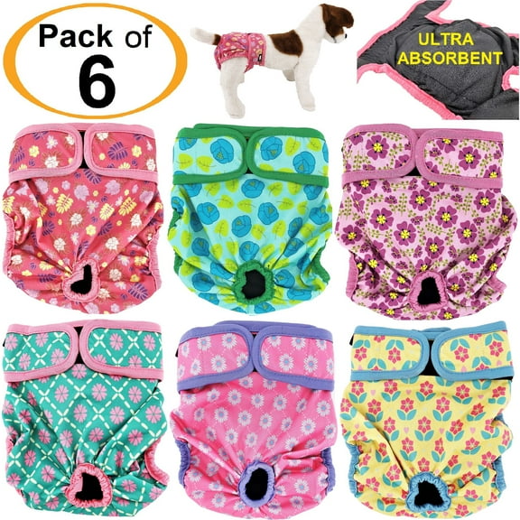 PACK of 6 Female Dog Diapers with 4 LAYERS of Absorbent Pads WATERPROOF Leak Proof Washable