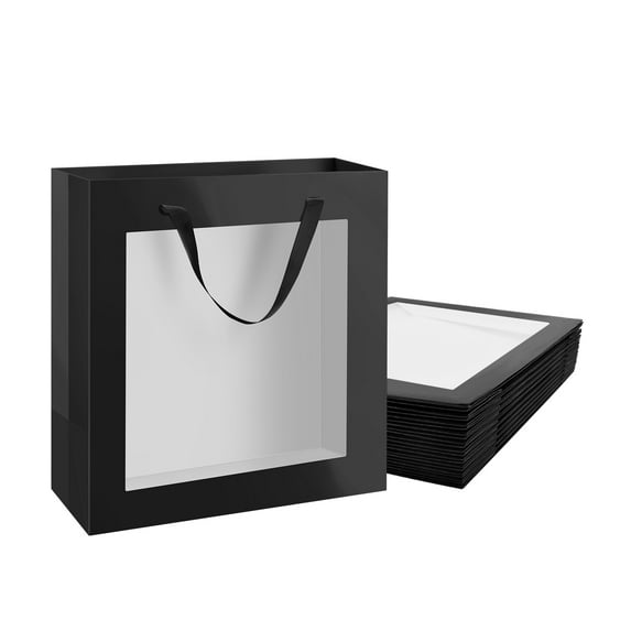 PACKHOME 12pcs Black Gift Bags with Window, 10x4.5x11 inches Large Gift Bags with Handles for Wedding, Graduation, Valentine's Day, Mother's Day, Festivals Party Present