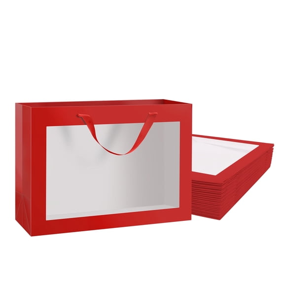 PACKHOME 12pcs Red Gift Bags with Window, 16x6x12 inches, Extra Large Gift Bags with Handles for Wedding Graduation Valentine's Day Mother Day Festivals Party Present(Glossy Red)