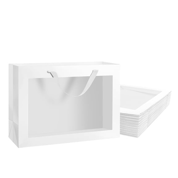 PACKHOME 12pcs White Gift Bags with Window, 16x6x12 inches, Extra Large Gift Bags with Handles for Wedding Graduation Valentine's Day Mother Day Festivals Party Present,(Glossy White)