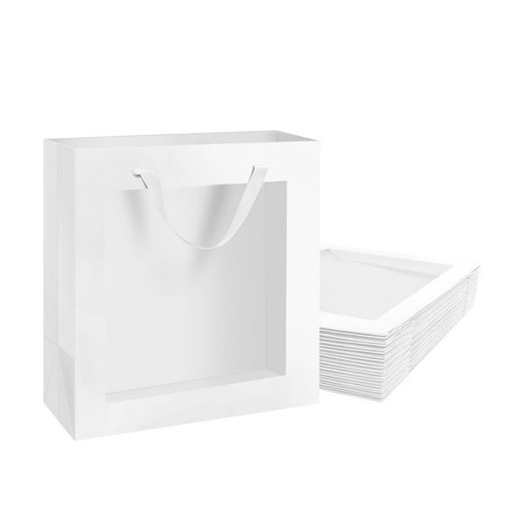 PACKHOME 12pcs White Gift Bags with Window, 10x4.5x11 inches Gift Bags with Handles for Valentine