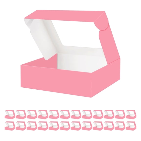 PACKHOME 25 Cookies Boxes for Mother's Day 10x8x2.5 inches, Pink Bakery Boxes with Window, Strawberries Boxes