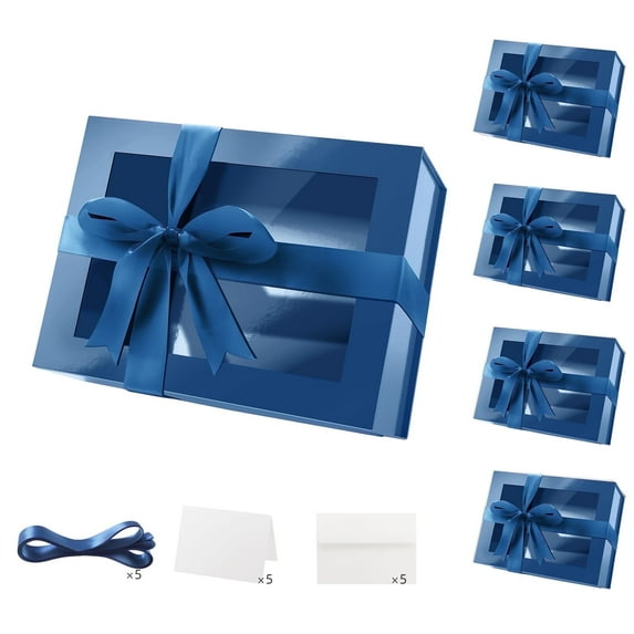 PACKHOME 5 Blue Gift Boxes with Windows,9x6.5x3.8 inch Gift Boxes with Lids Contain Ribbons and Cards