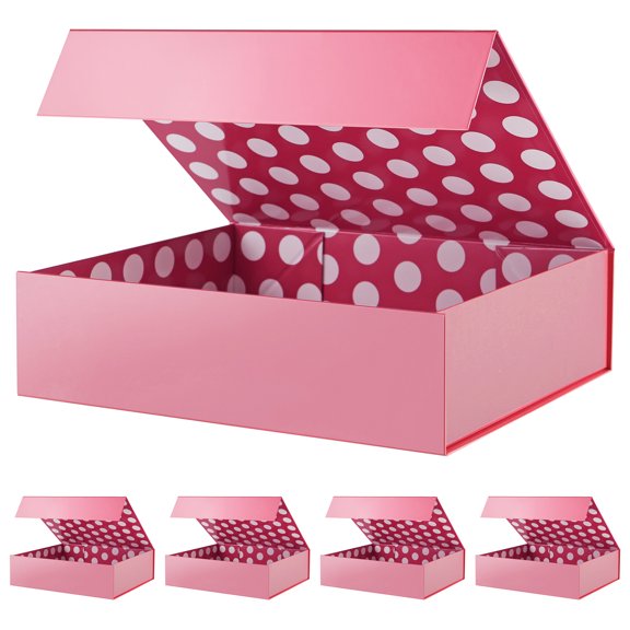 PACKHOME 5 Gift Boxes 13.5x10x3.5 Inches, Valentine's Day Gift Boxes with Lid, Shirt Gift Boxes, Magnetic Gift Boxes for Gift Packaging (Glossy Metallic Pink, Dot Design Inside)
