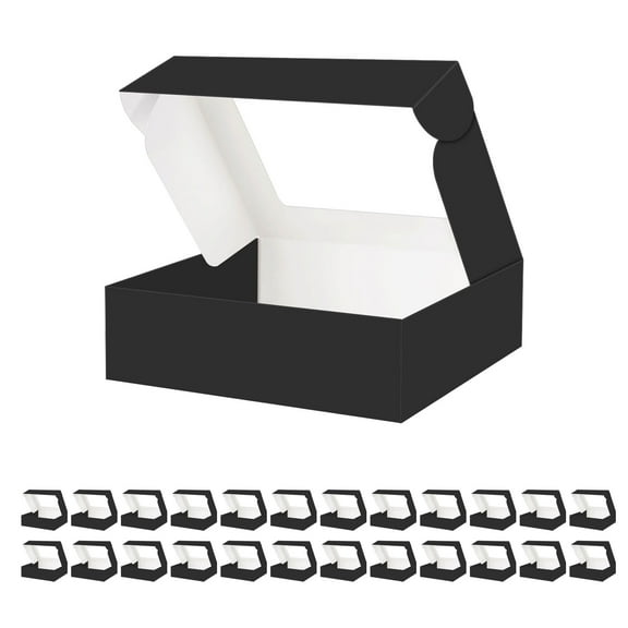 PACKHOME 25 Black Bakery Boxes with Window, 9x7x2.5 Inches Cake Boxes with Window, Treat Boxes for Small Bakery, Dessert, Candy, Cookies, Pastry, Party Favors
