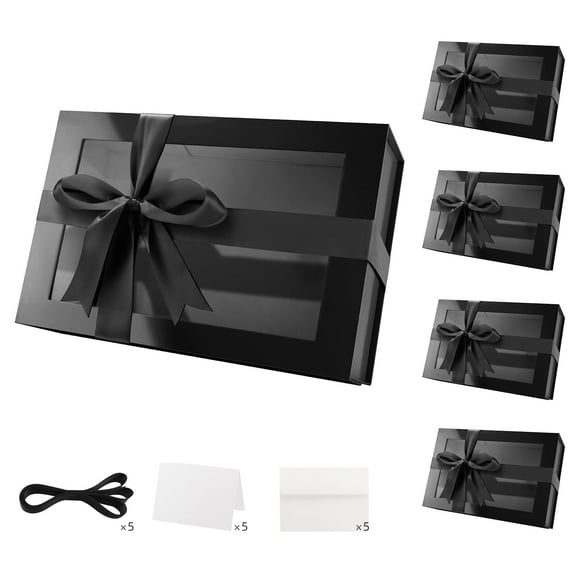 PACKHOME Gift Boxes with Lids, 5 Black Birthday Boxes with Clear Window and Ribbons, 13.5x9x4.1 inch
