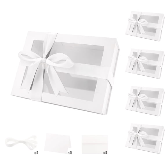 PACKHOME Gift Boxes with Windows, 9x6.5x3.8 inches 5 White Clear Gift Boxes with Lids Contain Ribbons