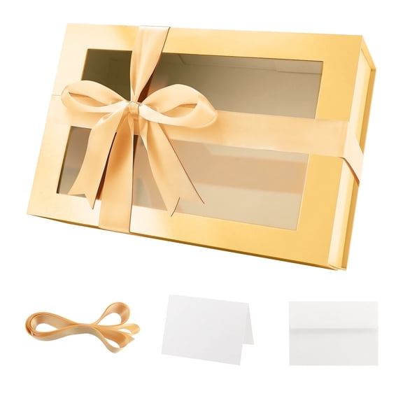 PACKHOME Large Gift Box with Window, 13.5x9x4.1 inches, Gold Box with Magnetic Lid for Present
