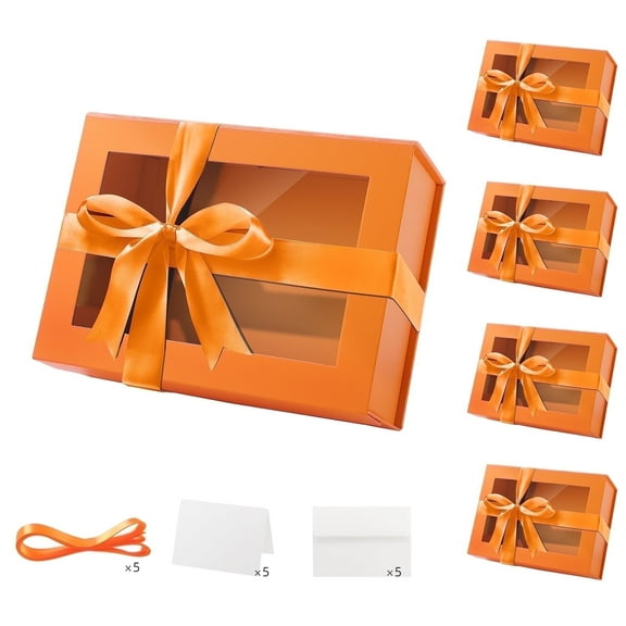 PACKHOME Orange Easter Gift Boxes with Windows, 9x6.5x3.8 inches,5 Gift Boxes for Presents Contain Ribbons, Cards