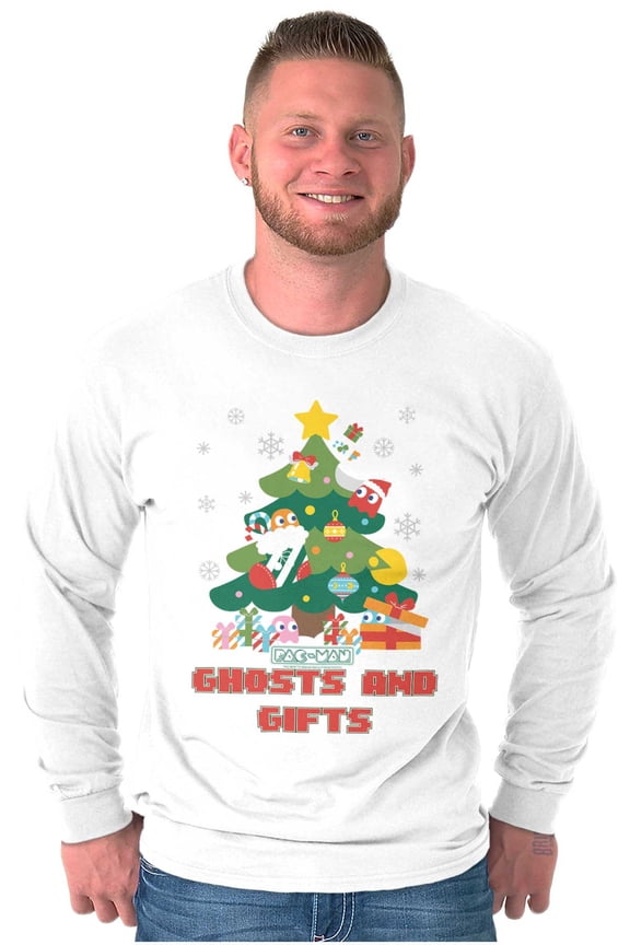 PACMAN Christmas Tree Ghost and Gifts Long Sleeve TShirt Men Women Brisco Brands S